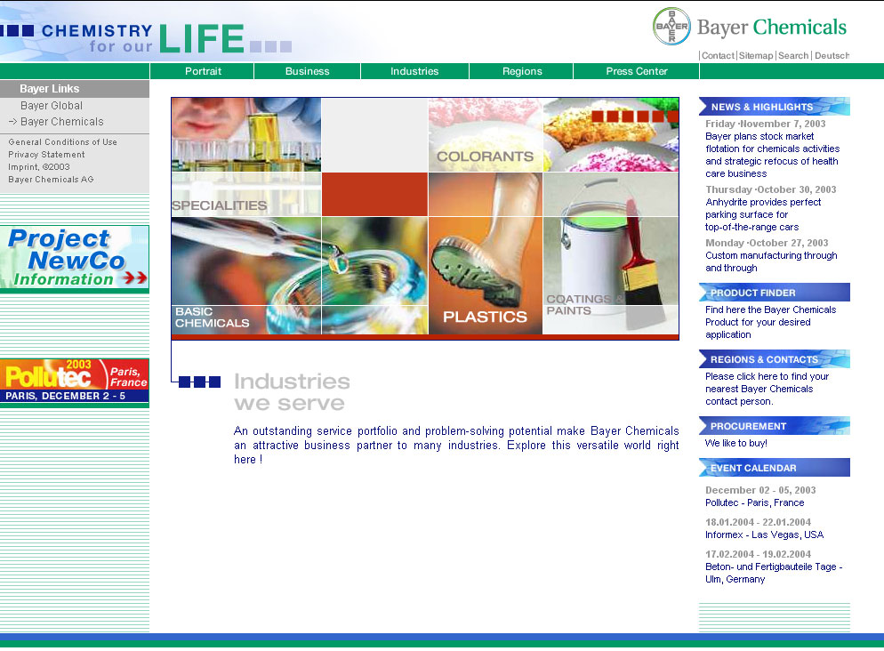 Bayer Chemicals, Firmenportal mit CMS Imperia, 2003